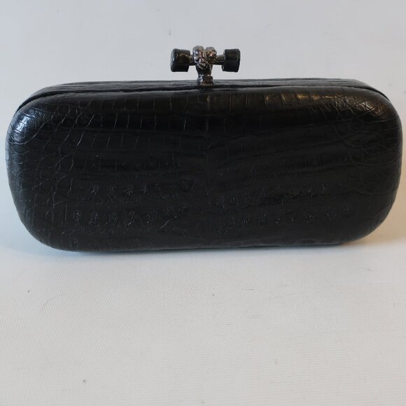 Womens Bloomingdale's Black Croc Embossed Leather Pochette Notch Clutch Handbag - Picture 6 of 12